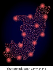 Mesh vector map of Republic of the Congo with glare effect. Red abstract lines, light spots and points on a dark background with map of Republic of the Congo.