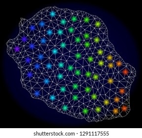 Mesh vector map of Reunion Island with glare effect on a dark background. Light spots have bright rainbow colors. Abstract lines, triangles, light spots and points forms map of Reunion Island.