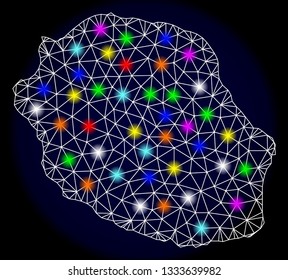 Mesh vector map of Reunion Island with glare effect on a dark background. Abstract lines, triangles, light colorful spots and points forms map of Reunion Island.