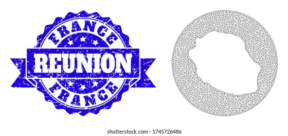 Mesh vector map of Reunion Island with grunge stamp. Triangular network map of Reunion Island is carved in a round shape. Blue round distress stamp with ribbon.