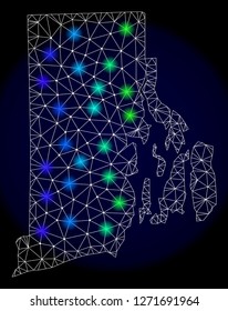Mesh vector map of Rhode Island State with glare effect. Light spots have bright spectrum colors. Abstract lines, triangles, light spots and points on a dark background with map of Rhode Island State.