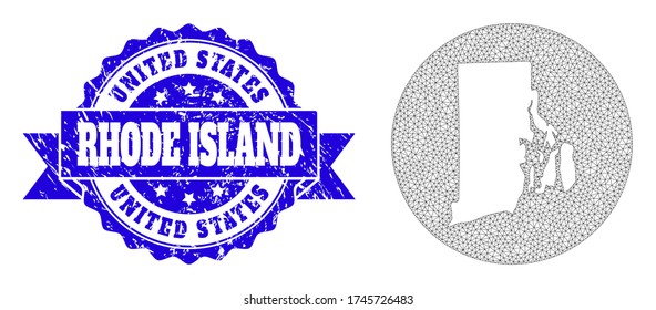 Mesh vector map of Rhode Island State with scratched seal stamp. Triangular mesh map of Rhode Island State is subtracted from a circle. Blue rosette scratched seal stamp with ribbon.