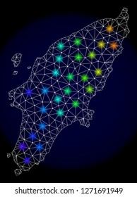 Mesh vector map of Rhodes Island with glare effect. Light spots have bright spectrum colors. Abstract lines, triangles, light spots and points on a dark background with map of Rhodes Island.
