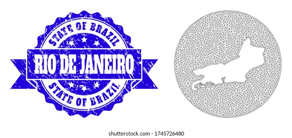 Mesh vector map of Rio de Janeiro State with grunge watermark. Triangular mesh map of Rio de Janeiro State is a hole in a round shape. Blue rounded textured stamp with ribbon.