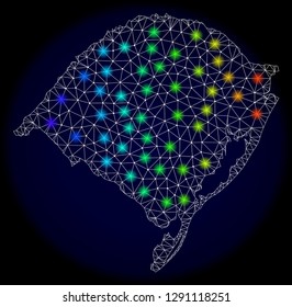 Mesh vector map of Rio Grande do Sul State with glare effect on a dark background. Light spots have bright spectrum colors. Abstract lines, triangles,