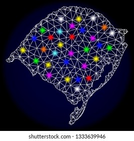 Mesh vector map of Rio Grande do Sul State with glare effect on a dark background. Abstract lines, triangles, light colorful spots and points forms map of Rio Grande do Sul State.