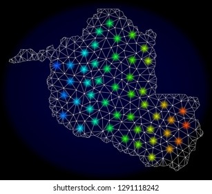 Mesh vector map of Rondonia State with glare effect on a dark background. Light spots have bright rainbow colors. Abstract lines, triangles, light spots and points forms map of Rondonia State.