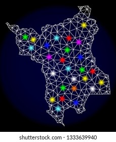 Mesh vector map of Roraima State with glare effect on a dark background. Abstract lines, triangles, light colorful spots and points forms map of Roraima State.