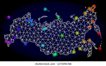 Mesh vector map of Russia with glow effect. Light spots have bright rainbow colors. Abstract lines, triangles, light spots and points on a dark background with map of Russia.