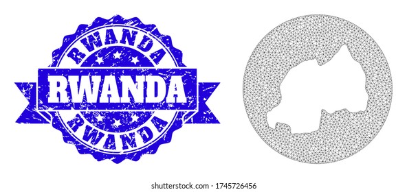 Mesh vector map of Rwanda with scratched stamp. Triangle net map of Rwanda is inverted in a round shape. Blue rounded scratched stamp with ribbon.