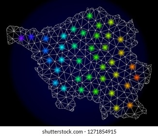 Mesh vector map of Saarland Land with glare effect. Light spots have bright spectrum colors. Abstract lines, triangles, light spots and points on a dark background with map of Saarland Land.