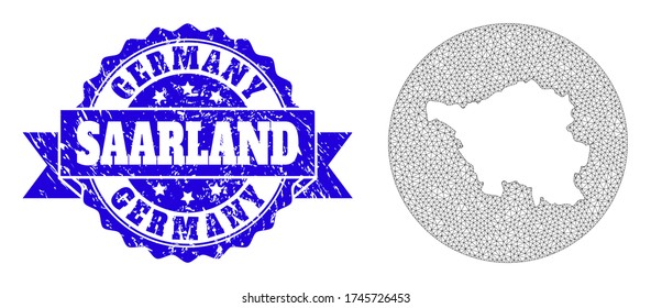 Mesh vector map of Saarland State with grunge stamp. Triangle mesh map of Saarland State is a hole in a round shape. Blue round scratched seal stamp with ribbon.
