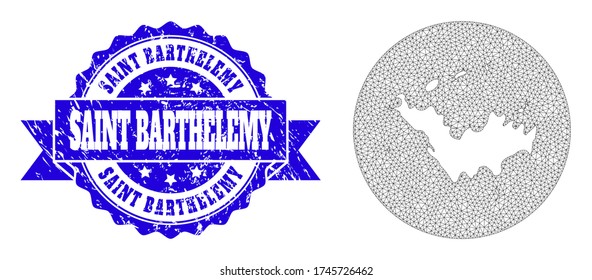 Mesh vector map of Saint Barthelemy with grunge seal stamp. Triangle mesh map of Saint Barthelemy is a hole in a circle. Blue rounded distress watermark with ribbon.