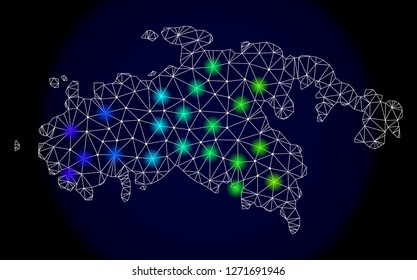 Mesh vector map of Saint John Island with glare effect. Light spots have bright spectrum colors. Abstract lines, triangles, light spots and points on a dark background with map of Saint John Island.