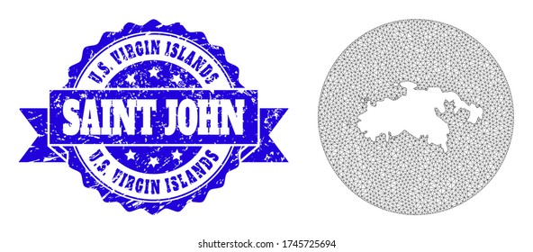 Mesh vector map of Saint John Island with scratched seal. Triangle mesh map of Saint John Island is a hole in a round shape. Blue rounded scratched watermark with ribbon.