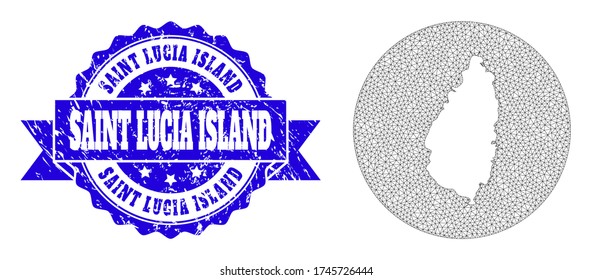Mesh vector map of Saint Lucia Island with scratched stamp. Triangular mesh map of Saint Lucia Island is a hole in a round shape. Blue rosette textured stamp with ribbon.
