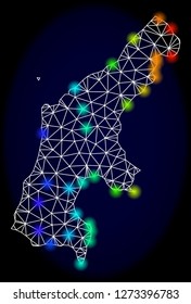 Mesh vector map of Saipan Island with glare effect. Light spots have bright rainbow colors. Abstract lines, triangles, light spots and points on a dark background with map of Saipan Island.