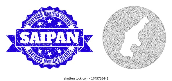 Mesh vector map of Saipan Island with grunge seal stamp. Triangular network map of Saipan Island is subtracted from a circle. Blue rosette grunge seal stamp has ribbon.