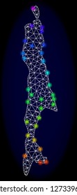 Mesh vector map of Sakhalin Island with glare effect. Light spots have bright spectrum colors. Abstract lines, triangles, light spots and points on a dark background with map of Sakhalin Island.