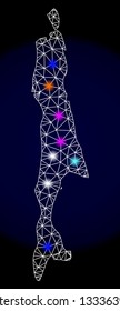 Mesh vector map of Sakhalin Island with glare effect on a dark background. Abstract lines, triangles, light colorful spots and points forms map of Sakhalin Island.