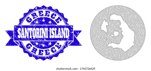 Mesh vector map of Santorini Island with scratched seal. Triangle mesh map of Santorini Island is a hole in a round shape. Blue rosette distress seal with ribbon.