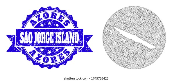 Mesh vector map of Sao Jorge Island with grunge seal. Triangular mesh map of Sao Jorge Island is carved in a round shape. Blue round scratched seal has ribbon.
