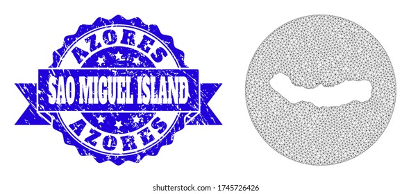 Mesh vector map of Sao Miguel Island with scratched stamp. Triangular mesh map of Sao Miguel Island is carved in a round shape. Blue round distress stamp with ribbon.