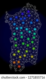 Mesh vector map of Sardinia with glare effect. Light spots have bright spectrum colors. Abstract lines, triangles, light spots and points on a dark background with map of Sardinia.