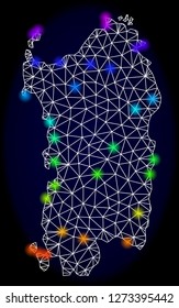 Mesh vector map of Sardinia region with glare effect. Light spots have bright rainbow colors. Abstract lines, triangles, light spots and points on a dark background with map of Sardinia region.