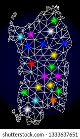 Mesh vector map of Sardinia region with glare effect on a dark background. Abstract lines, triangles, light colorful spots and points forms map of Sardinia region.