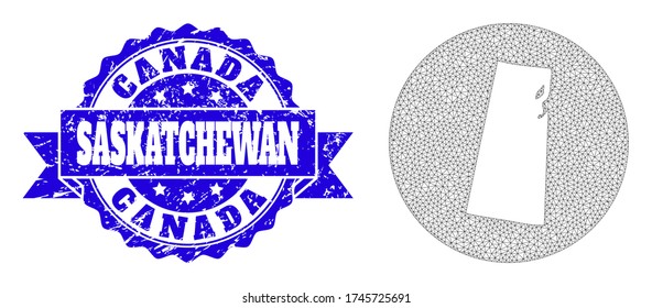 Mapa vectorial de malla de la provincia de Saskatchewan con marca de agua raspada. El mapa triangular de malla de la provincia de Saskatchewan es un símbolo en círculo. Sello redondo azul con cinta.