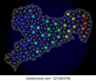Mesh vector map of Saxony Land with glare effect. Light spots have bright spectrum colors. Abstract lines, triangles, light spots and points on a dark background with map of Saxony Land.