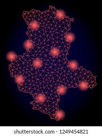 Mesh vector map of Saxony-Anhalt State with glare effect. Red abstract lines, light spots and points on a dark background with map of Saxony-Anhalt State.