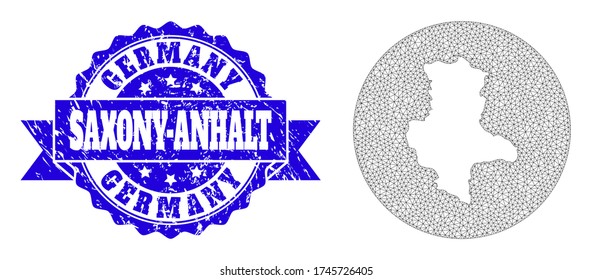 Mesh vector map of Saxony-Anhalt State with grunge seal stamp. Triangular network map of Saxony-Anhalt State is a hole in a round shape. Blue round textured stamp with ribbon.