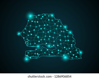 Mesh vector map of Senegal with glare effect. Light spots have bright spectrum colors. Abstract lines, triangles, light spots and points on a dark background with map of Senegal. - Vector