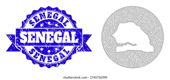 Mesh vector map of Senegal with scratched seal. Triangle net map of Senegal is cut out from a round shape. Blue round scratched seal with ribbon.