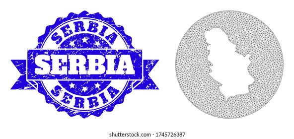 Mesh vector map of Serbia with grunge seal stamp. Triangle mesh map of Serbia is subtracted from a circle. Blue round distress seal with ribbon.