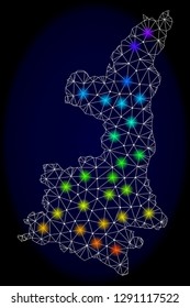 Mesh vector map of Shaanxi Province with glare effect on a dark background. Light spots have bright spectrum colors. Abstract lines, triangles, light spots and points forms map of Shaanxi Province.