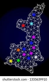 Mesh vector map of Shaanxi Province with glare effect on a dark background. Abstract lines, triangles, light colorful spots and points forms map of Shaanxi Province.