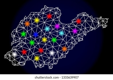 Mesh vector map of Shandong Province with glare effect on a dark background. Abstract lines, triangles, light colorful spots and points forms map of Shandong Province.