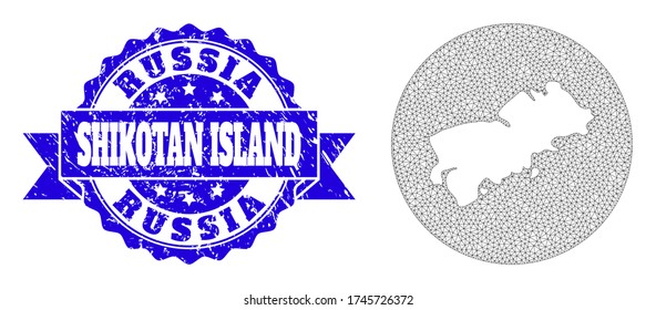 Mesh vector map of Shikotan Island with scratched watermark. Triangle mesh map of Shikotan Island is cut out from a circle. Blue round grunge watermark with ribbon.