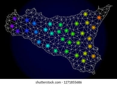 Mesh vector map of Sicilia with glare effect. Light spots have bright spectrum colors. Abstract lines, triangles, light spots and points on a dark background with map of Sicilia.