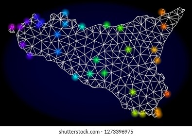 Mesh vector map of Sicilia Island with glare effect. Light spots have bright spectrum colors. Abstract lines, triangles, light spots and points on a dark background with map of Sicilia Island.