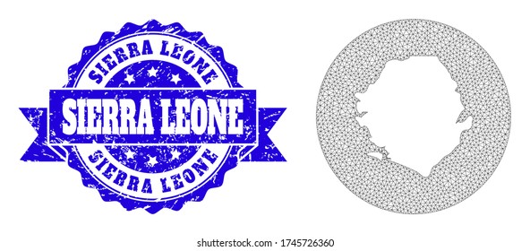 Mesh vector map of Sierra Leone with scratched seal. Triangle mesh map of Sierra Leone is a hole in a round shape. Blue rounded textured seal stamp with ribbon.