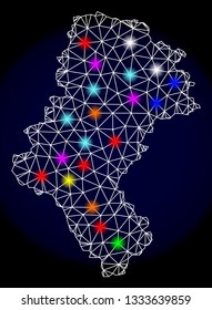 Mesh vector map of Silesia Province with glare effect on a dark background. Abstract lines, triangles, light colorful spots and points forms map of Silesia Province.