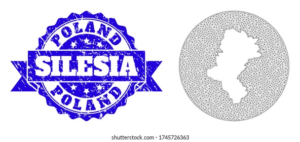 Mesh vector map of Silesia Province with scratched seal stamp. Triangle mesh map of Silesia Province is subtracted from a round shape. Blue round textured stamp has ribbon.