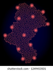 Mesh vector map of Silesia Voivodeship with glare effect. Red abstract lines, light spots and points on a dark background with map of Silesia Voivodeship.