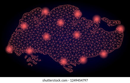 Mesh vector map of Singapore with glare effect. Red abstract lines, light spots and points on a dark background with map of Singapore.
