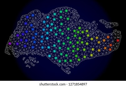 Mesh vector map of Singapore with glare effect. Light spots have bright spectrum colors. Abstract lines, triangles, light spots and points on a dark background with map of Singapore.