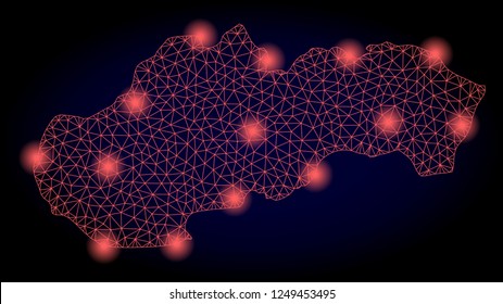Mesh vector map of Slovakia with glare effect. Red abstract lines, light spots and points on a dark background with map of Slovakia.